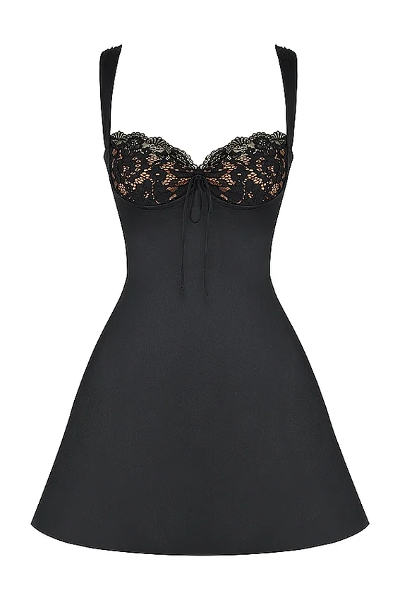 Adriana Black Satin And Lace Mini Dress Adriana Black Satin And Lace Mini Dress