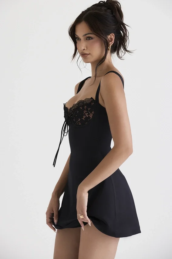 Adriana Black Satin And Lace Mini Dress Adriana Black Satin And Lace Mini Dress