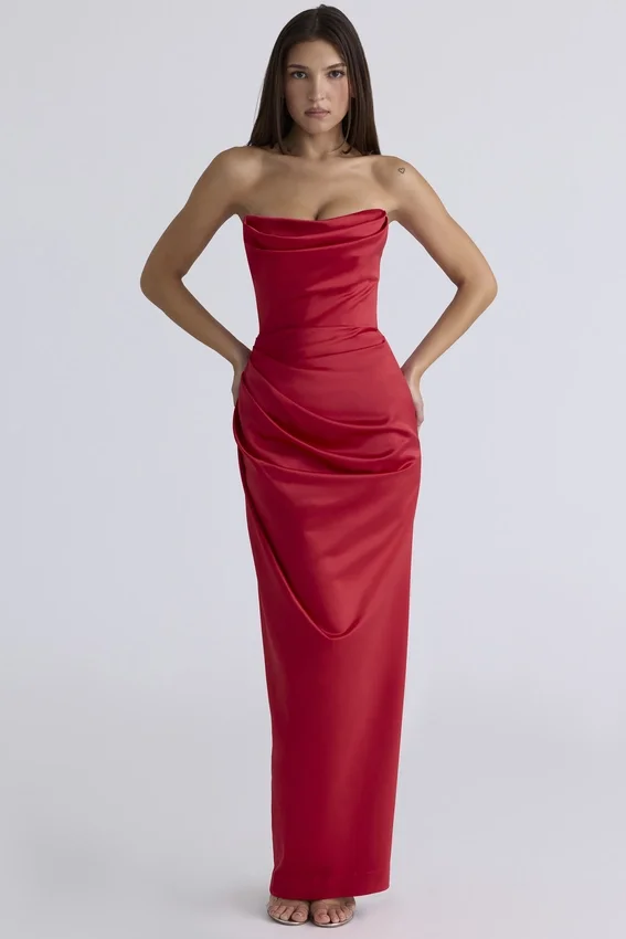 Adrienne Scarlet Satin Strapless Gown Adrienne Scarlet Satin Strapless Gown