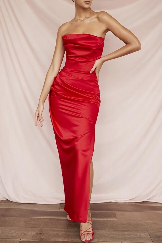 Adrienne Scarlet Satin Strapless Gown Adrienne Scarlet Satin Strapless Gown