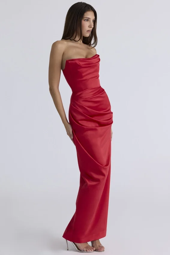 Adrienne Scarlet Satin Strapless Gown Adrienne Scarlet Satin Strapless Gown