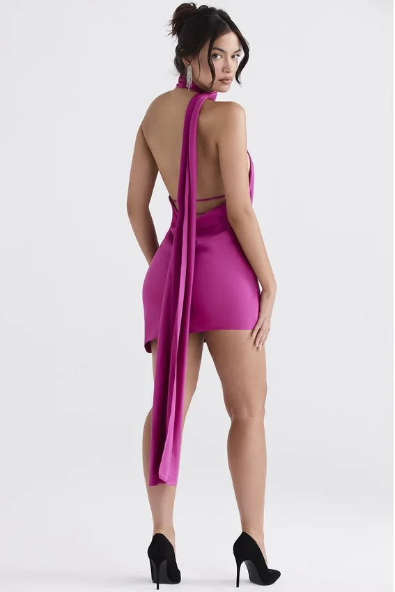 Aida Hot Pink Asymmetric Wrap Neck Dress Aida Hot Pink Asymmetric Wrap Neck Dress