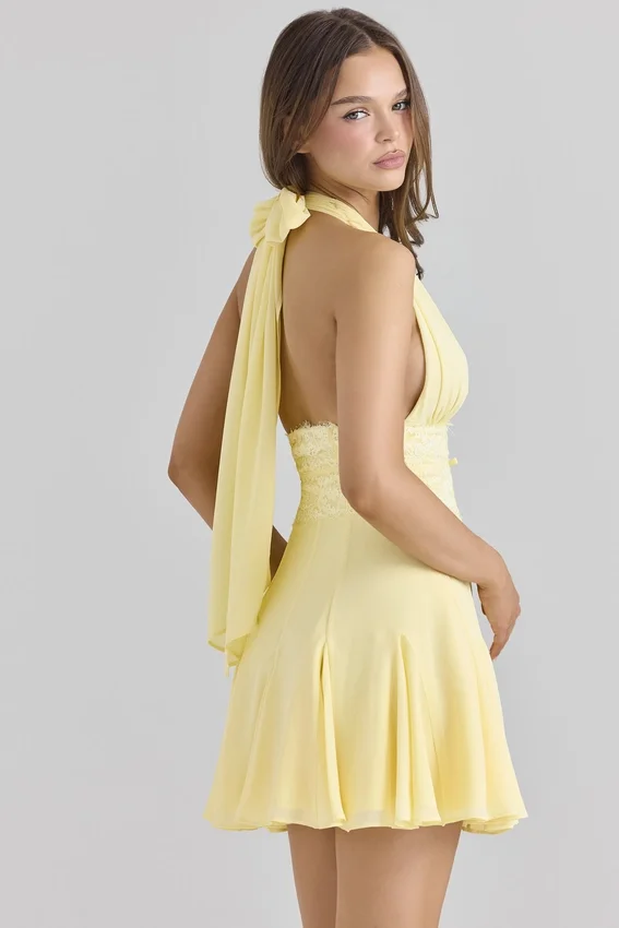 Ailani Butter Yellow Georgette Halter Neck Mini Dress Ailani Butter Yellow Georgette Halter Neck Mini Dress