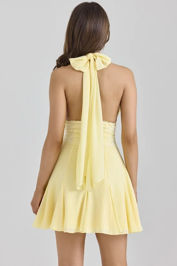 Ailani Butter Yellow Georgette Halter Neck Mini Dress Ailani Butter Yellow Georgette Halter Neck Mini Dress