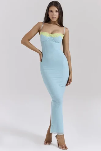 Aiza Ocean Blue Contrast Lace Maxi Dress