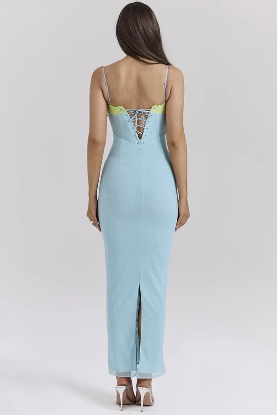 Aiza Ocean Blue Contrast Lace Maxi Dress Aiza Ocean Blue Contrast Lace Maxi Dress