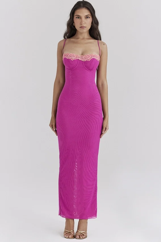 Aiza Raspberry Lace Trimmed Maxi Dress Aiza Raspberry Lace Trimmed Maxi Dress