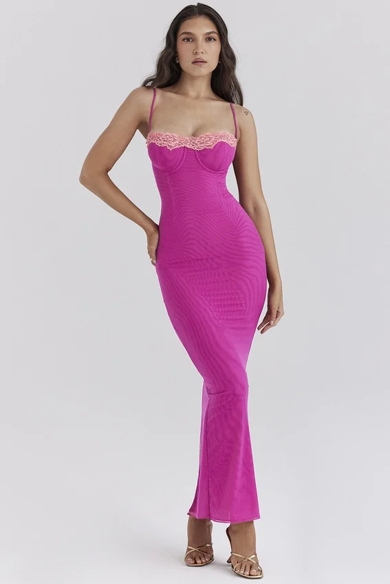 Aiza Raspberry Lace Trimmed Maxi Dress Aiza Raspberry Lace Trimmed Maxi Dress