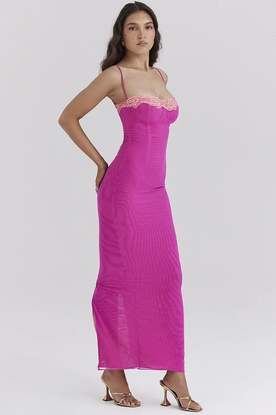 Aiza Raspberry Lace Trimmed Maxi Dress Aiza Raspberry Lace Trimmed Maxi Dress