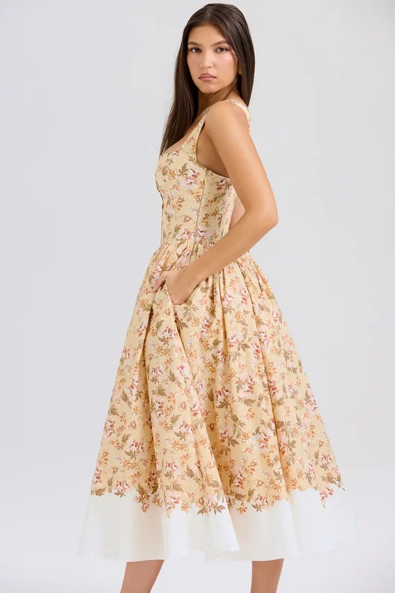 Alba Honeyflower Print Gathered Cotton Midi Dress Alba Honeyflower Print Gathered Cotton Midi Dress