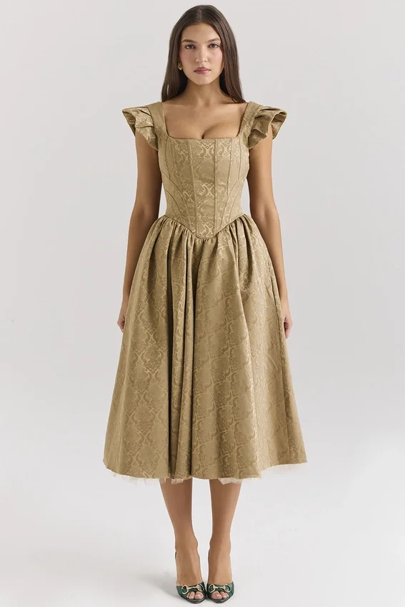 Alessandra Gold Jacquard Midi Dress with Detachable Bow Alessandra Gold Jacquard Midi Dress with Detachable Bow