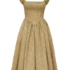 Alessandra Gold Jacquard Midi Dress with Detachable Bow Alessandra Gold Jacquard Midi Dress with Detachable Bow