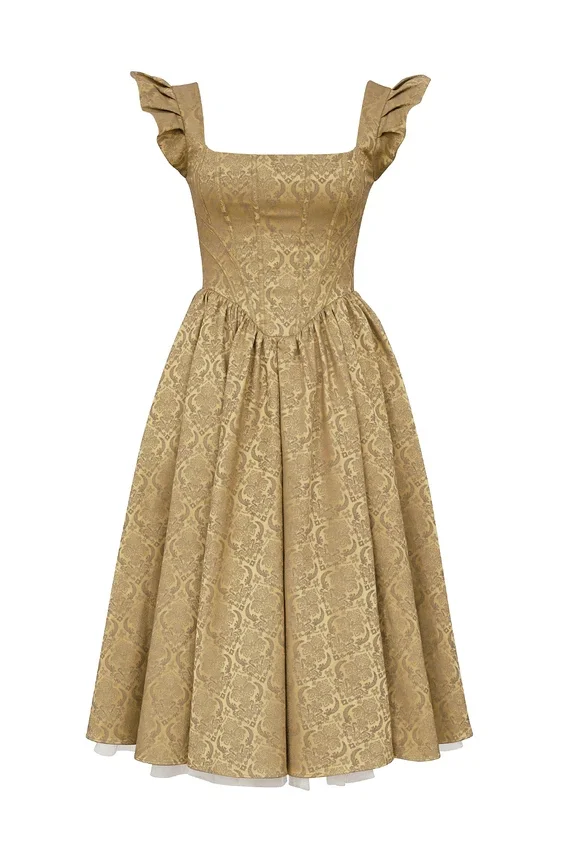 Alessandra Gold Jacquard Midi Dress with Detachable Bow Alessandra Gold Jacquard Midi Dress with Detachable Bow