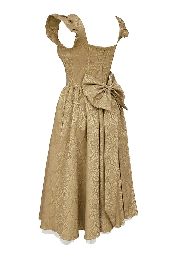 Alessandra Gold Jacquard Midi Dress with Detachable Bow Alessandra Gold Jacquard Midi Dress with Detachable Bow