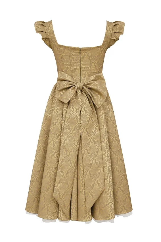 Alessandra Gold Jacquard Midi Dress with Detachable Bow Alessandra Gold Jacquard Midi Dress with Detachable Bow