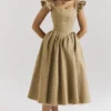 Alessandra Gold Jacquard Midi Dress with Detachable Bow Alessandra Gold Jacquard Midi Dress with Detachable Bow