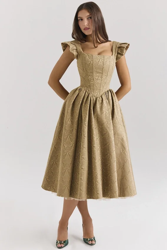 Alessandra Gold Jacquard Midi Dress with Detachable Bow Alessandra Gold Jacquard Midi Dress with Detachable Bow