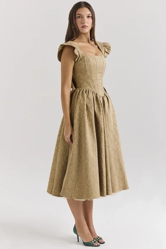 Alessandra Gold Jacquard Midi Dress with Detachable Bow Alessandra Gold Jacquard Midi Dress with Detachable Bow