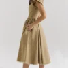Alessandra Gold Jacquard Midi Dress with Detachable Bow Alessandra Gold Jacquard Midi Dress with Detachable Bow