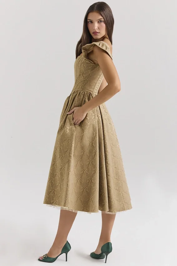 Alessandra Gold Jacquard Midi Dress with Detachable Bow Alessandra Gold Jacquard Midi Dress with Detachable Bow