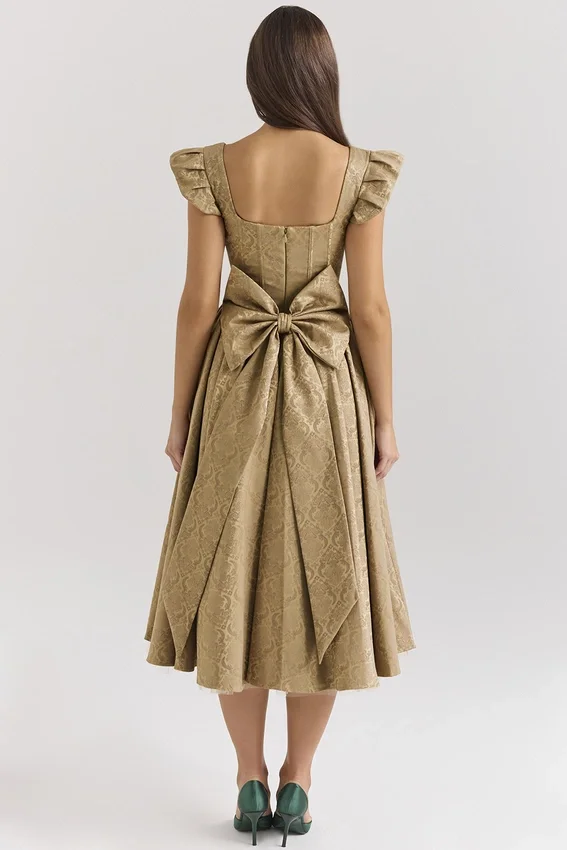 Alessandra Gold Jacquard Midi Dress with Detachable Bow Alessandra Gold Jacquard Midi Dress with Detachable Bow