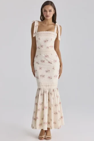 Alessina Ivory Vintage Rose Print Cotton + Lace Maxi Dress
