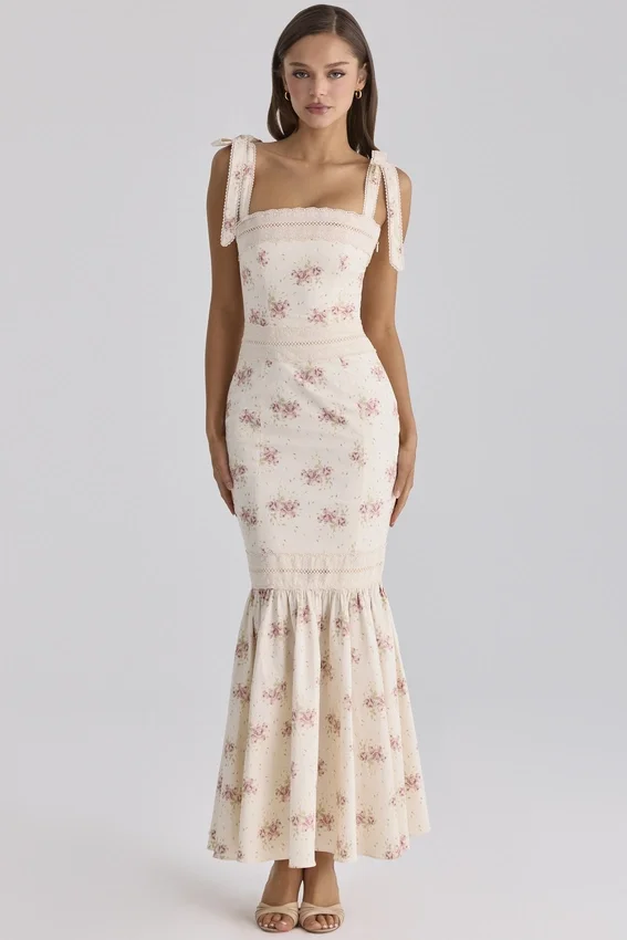 Alessina Ivory Vintage Rose Print Cotton + Lace Maxi Dress Alessina Ivory Vintage Rose Print Cotton + Lace Maxi Dress