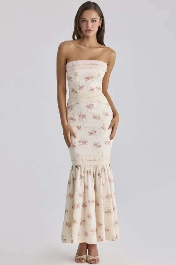 Alessina Ivory Vintage Rose Print Cotton + Lace Maxi Dress Alessina Ivory Vintage Rose Print Cotton + Lace Maxi Dress