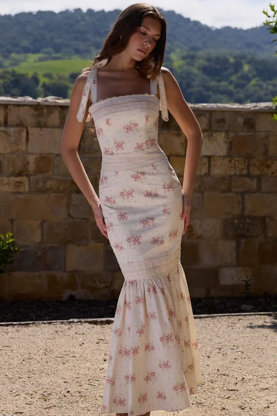 Alessina Ivory Vintage Rose Print Cotton + Lace Maxi Dress Alessina Ivory Vintage Rose Print Cotton + Lace Maxi Dress