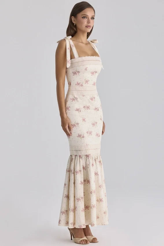 Alessina Ivory Vintage Rose Print Cotton + Lace Maxi Dress Alessina Ivory Vintage Rose Print Cotton + Lace Maxi Dress