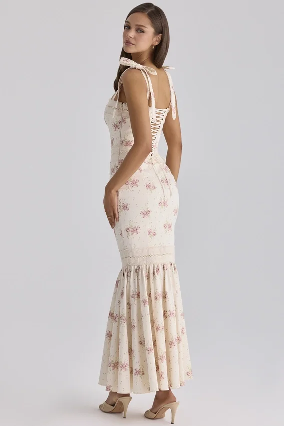 Alessina Ivory Vintage Rose Print Cotton + Lace Maxi Dress Alessina Ivory Vintage Rose Print Cotton + Lace Maxi Dress