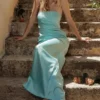 Alette Jade Satin Strapless Maxi Dress