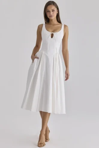 Alira White Pleated Cotton Peekaboo Midi Dress