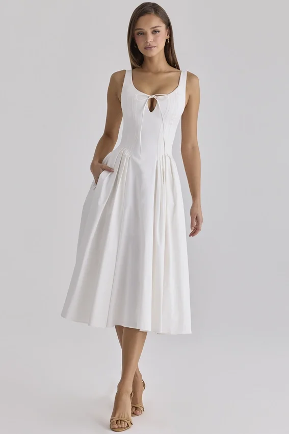 Alira White Pleated Cotton Peekaboo Midi Dress Alira White Pleated Cotton Peekaboo Midi Dress