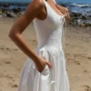 Alira White Pleated Cotton Peekaboo Midi Dress Alira White Pleated Cotton Peekaboo Midi Dress