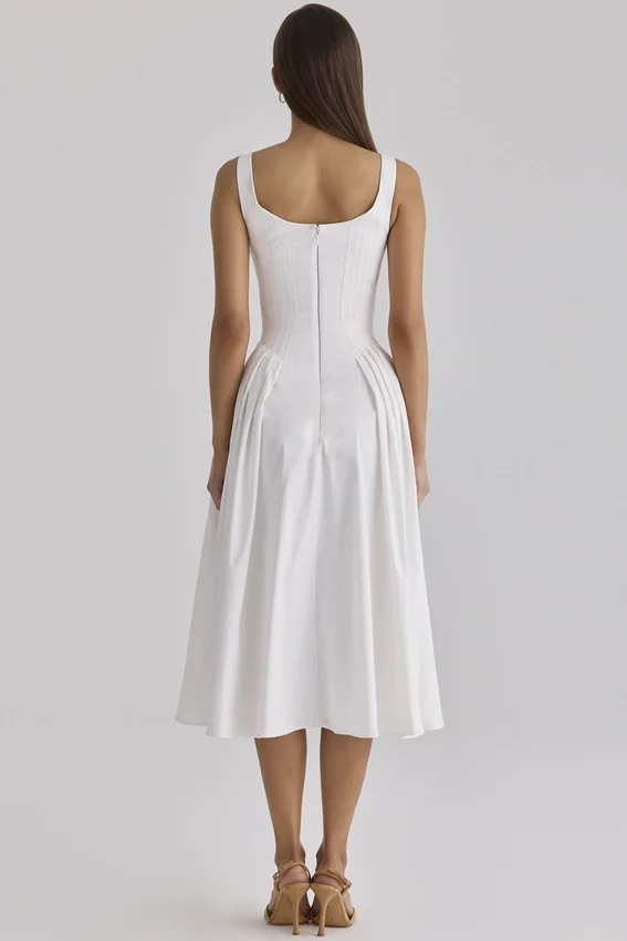Alira White Pleated Cotton Peekaboo Midi Dress Alira White Pleated Cotton Peekaboo Midi Dress