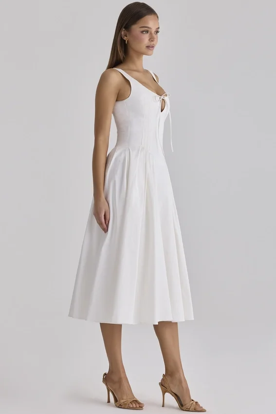 Alira White Pleated Cotton Peekaboo Midi Dress Alira White Pleated Cotton Peekaboo Midi Dress