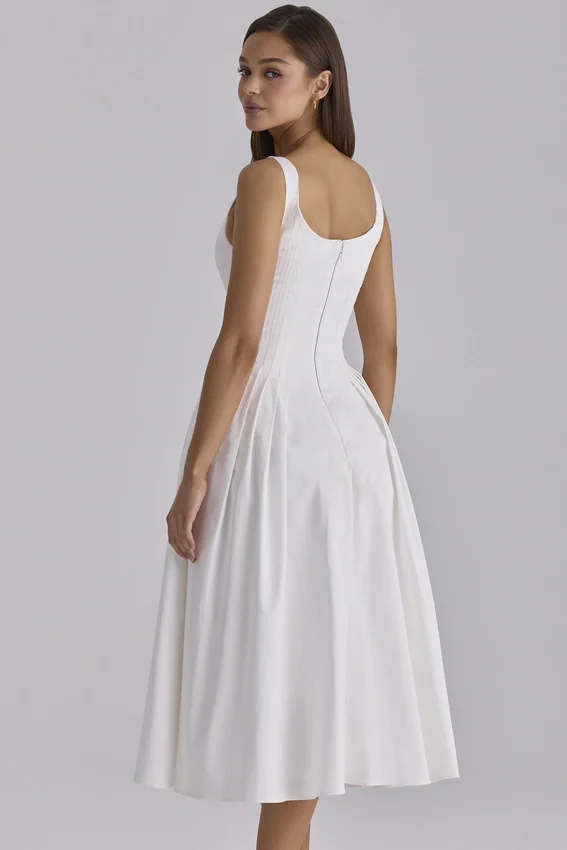 Alira White Pleated Cotton Peekaboo Midi Dress Alira White Pleated Cotton Peekaboo Midi Dress