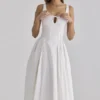 Alira White Pleated Cotton Peekaboo Midi Dress Alira White Pleated Cotton Peekaboo Midi Dress