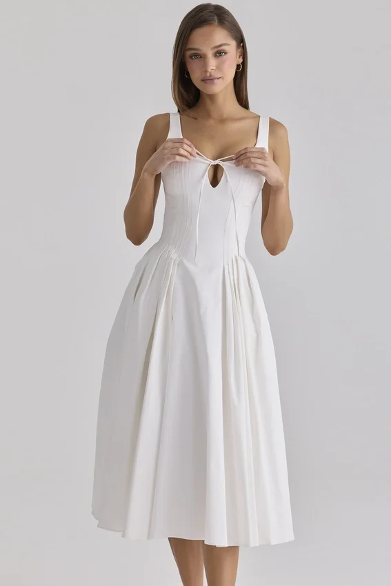 Alira White Pleated Cotton Peekaboo Midi Dress Alira White Pleated Cotton Peekaboo Midi Dress