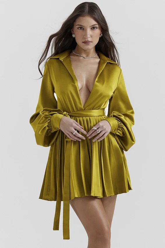 Allegra Chartreuse Pleated Shirt Dress Allegra Chartreuse Pleated Shirt Dress