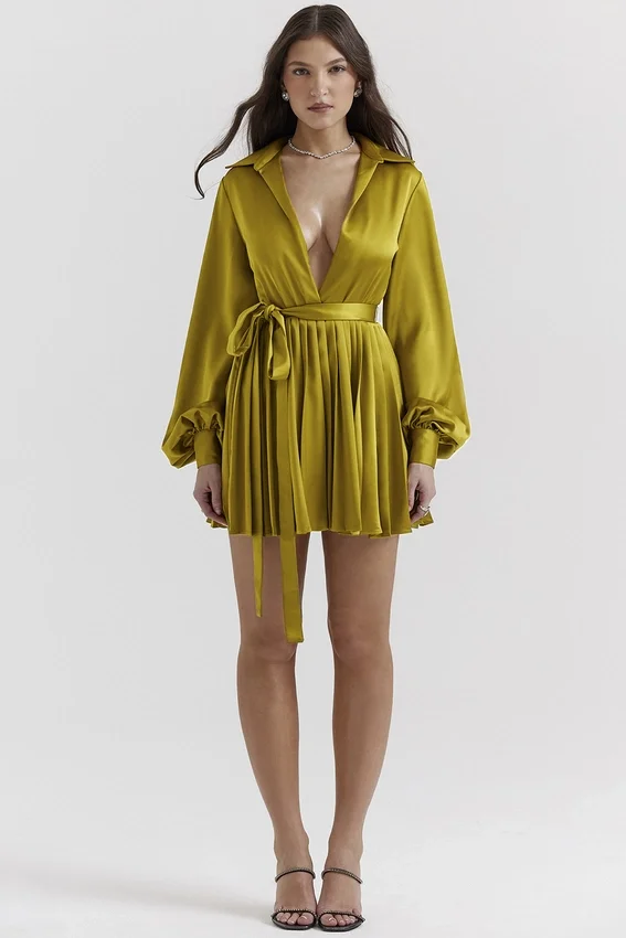 Allegra Chartreuse Pleated Shirt Dress Allegra Chartreuse Pleated Shirt Dress
