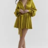 Allegra Chartreuse Pleated Shirt Dress Allegra Chartreuse Pleated Shirt Dress