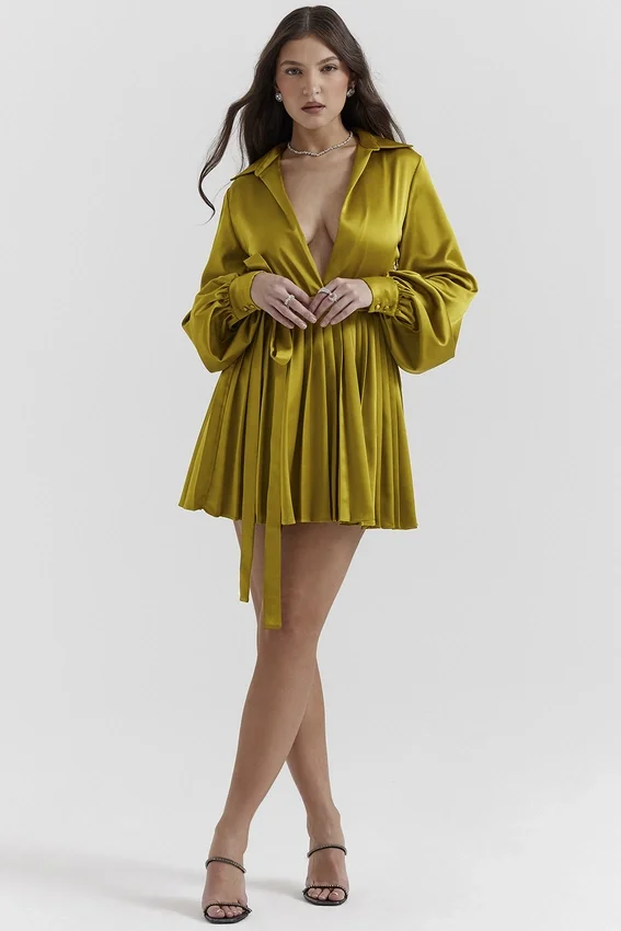 Allegra Chartreuse Pleated Shirt Dress Allegra Chartreuse Pleated Shirt Dress
