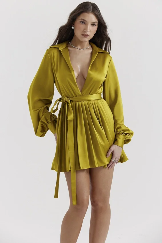 Allegra Chartreuse Pleated Shirt Dress Allegra Chartreuse Pleated Shirt Dress