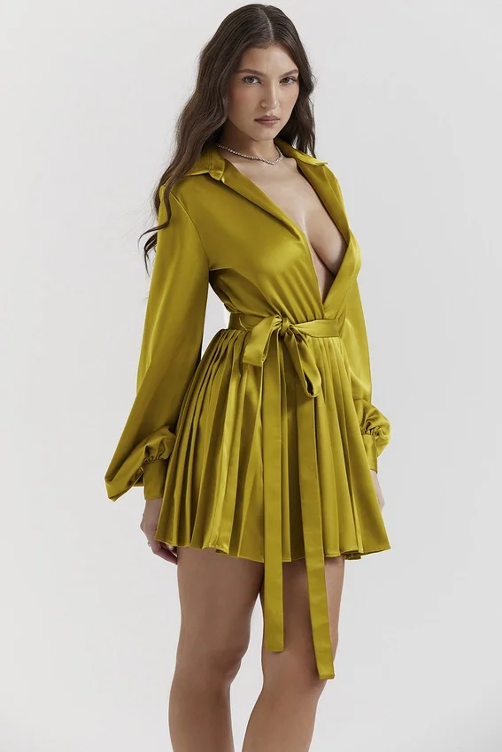 Allegra Chartreuse Pleated Shirt Dress Allegra Chartreuse Pleated Shirt Dress