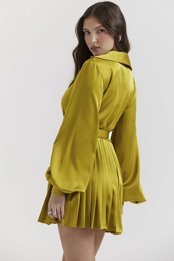 Allegra Chartreuse Pleated Shirt Dress Allegra Chartreuse Pleated Shirt Dress