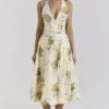 Allena Lemon Ribbon Stretch Cotton Halter Midi Sundress Allena Lemon Ribbon Stretch Cotton Halter Midi Sundress