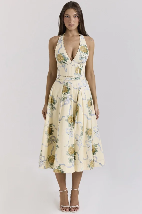 Allena Lemon Ribbon Stretch Cotton Halter Midi Sundress Allena Lemon Ribbon Stretch Cotton Halter Midi Sundress