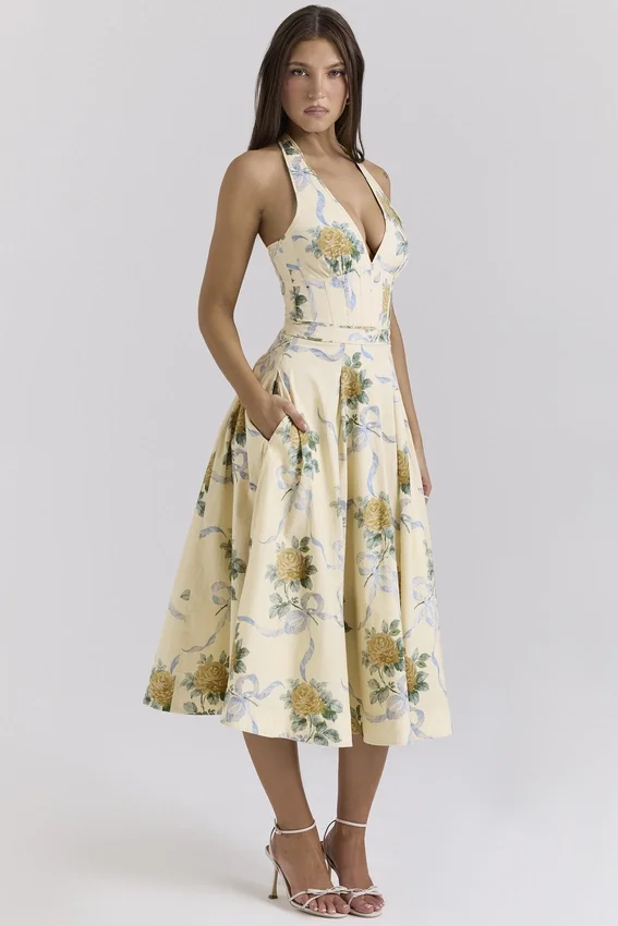 Allena Lemon Ribbon Stretch Cotton Halter Midi Sundress Allena Lemon Ribbon Stretch Cotton Halter Midi Sundress